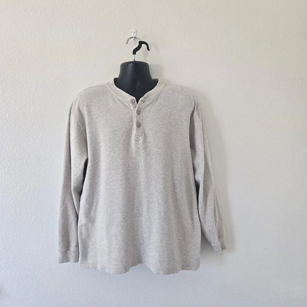 LL Bean Mens Large Beige Cotton Thermal  Long Sleeve Henley Shirt Waffle Knit